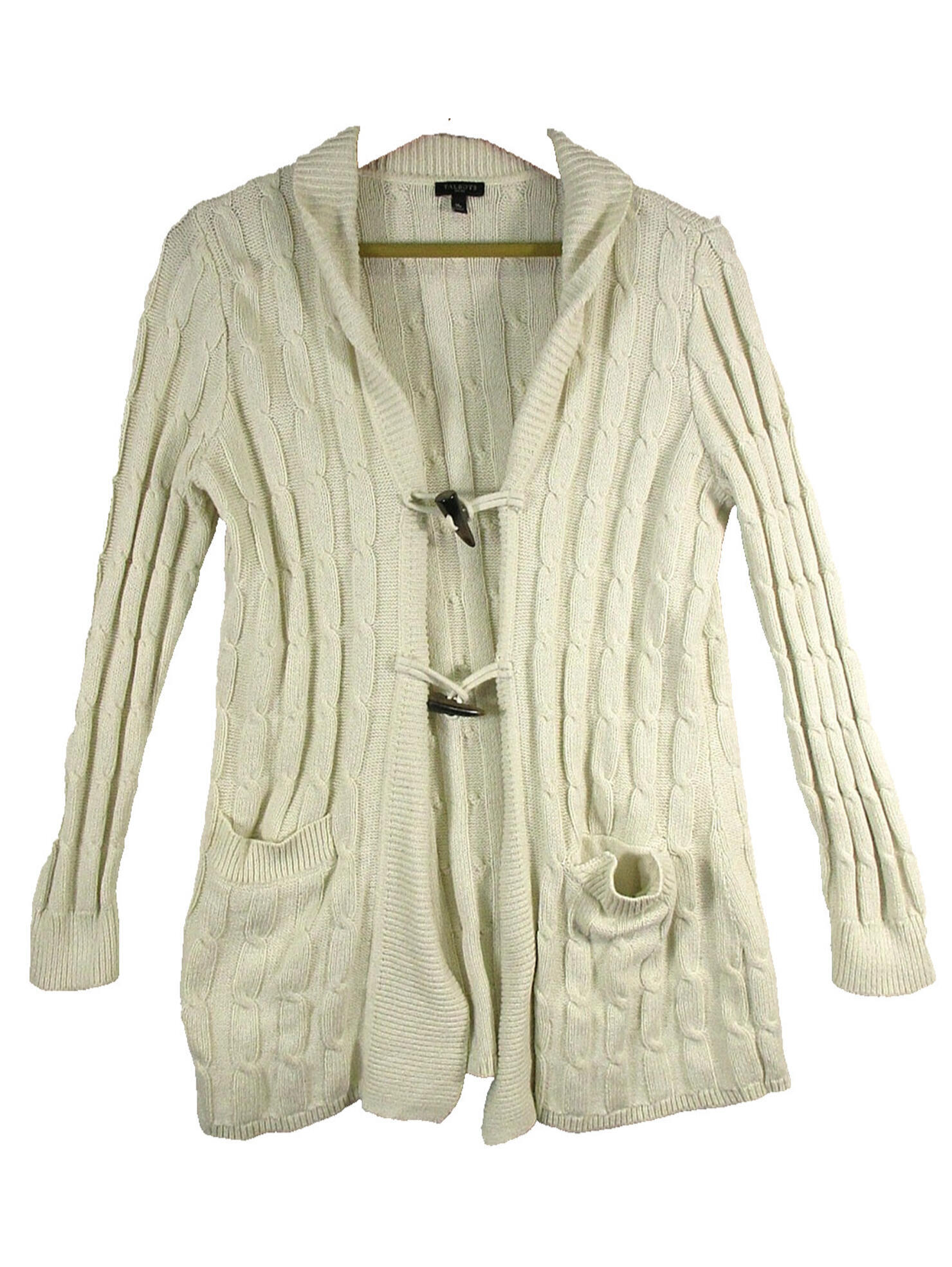 Talbots Womens Cable Knit Cardigan Sweater Long Sleeve Pockets Size M Off White
